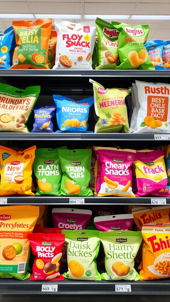 A shelf of colorful and creative snack packaging including eco-friendly bags and unique containers.